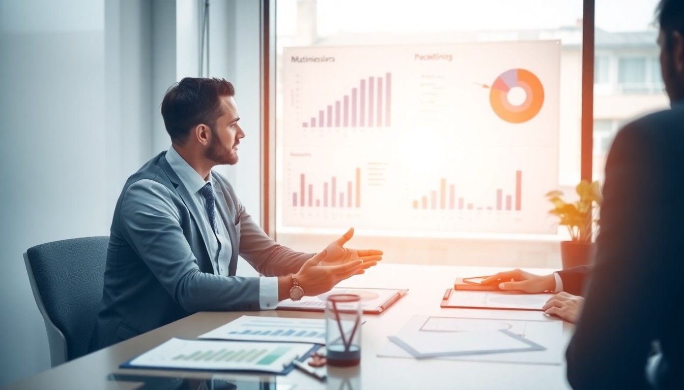 Finansal analiz grafikleri ve tabloları içeren bir danışmanlık toplantısı